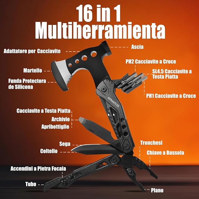 Campeggio Accessori Utili 16in1 Multitool Ascia Sopravvivenza Idee Regalo Uomo Regali Natale con Coltello Martello Pinze Seghetto Cacciavite e Guaina per Escursionismo Regali Natale