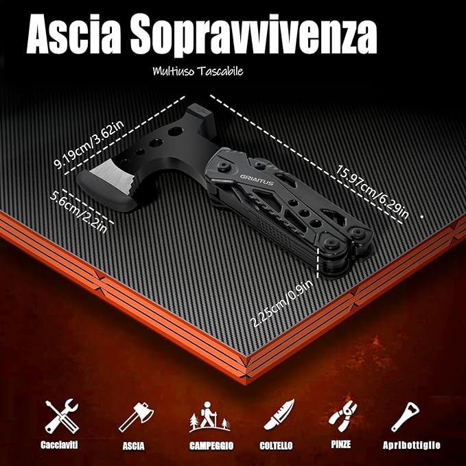 Campeggio Accessori Utili 16in1 Multitool Ascia Sopravvivenza Idee Regalo Uomo Regali Natale con Coltello Martello Pinze Seghetto Cacciavite e Guaina per Escursionismo Regali Natale