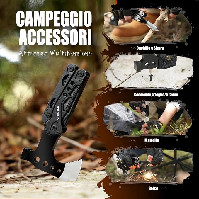 Campeggio Accessori Utili 16in1 Multitool Ascia Sopravvivenza Idee Regalo Uomo Regali Natale con Coltello Martello Pinze Seghetto Cacciavite e Guaina per Escursionismo Regali Natale