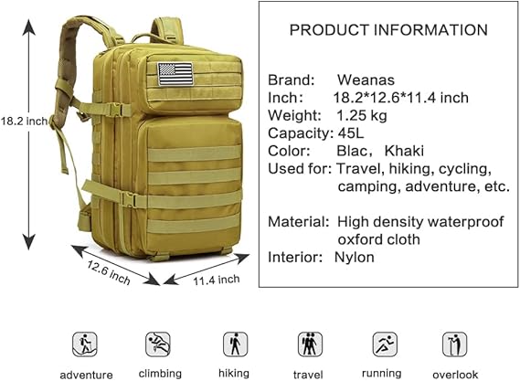 ZEHNHASE Zaino Tattico Militare 45L Tattico Molle Professionale Trekking Zaino Tasche Multiple in Nylon 600D ad Alta Capacità per Campeggio, Zaino di Assalto, Escursionismo, Patrol Camping