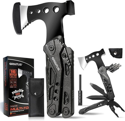 Campeggio Accessori Utili 16in1 Multitool Ascia Sopravvivenza Idee Regalo Uomo Regali Natale con Coltello Martello Pinze Seghetto Cacciavite e Guaina per Escursionismo Regali Natale